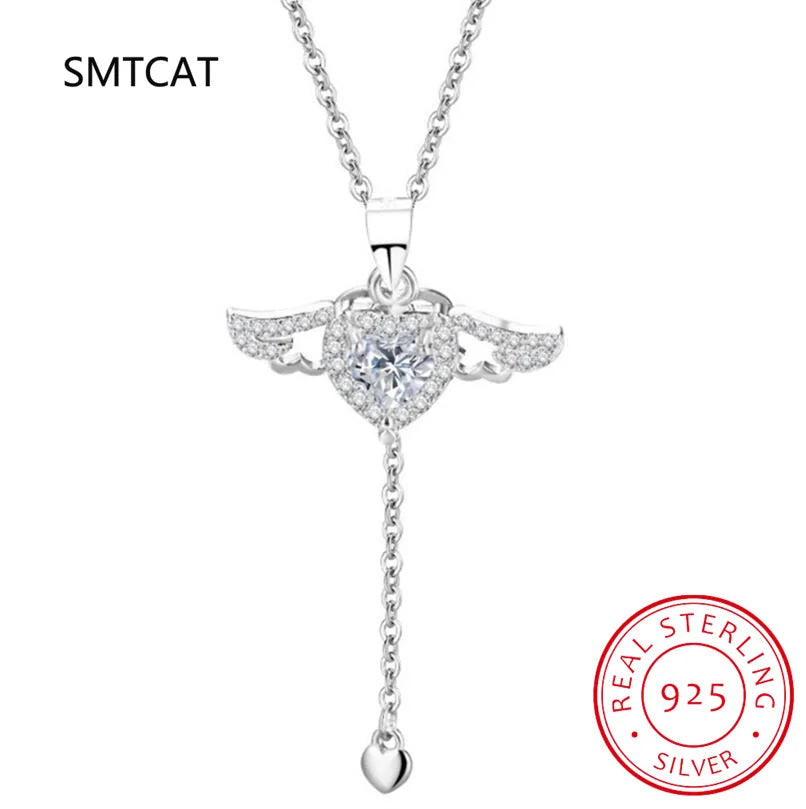 Genuine 925 Sterling Silver Love Tassels Necklace Fine Jewelry Double Angel Wings Heart Zirconia Pendant Necklace Holiday Sale