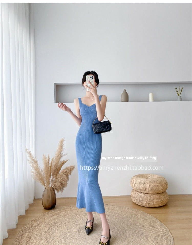 Autumn and Winter V-neck Slim-Fit Sleeveless Sling Fishtail Dress Sweater