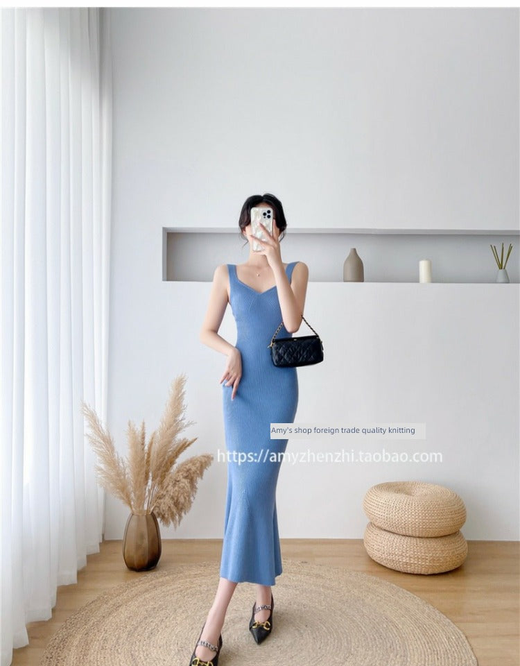 Autumn and Winter V-neck Slim-Fit Sleeveless Sling Fishtail Dress Sweater