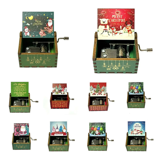 Christmas wooden painted music box wooden hand crank music box holiday gift