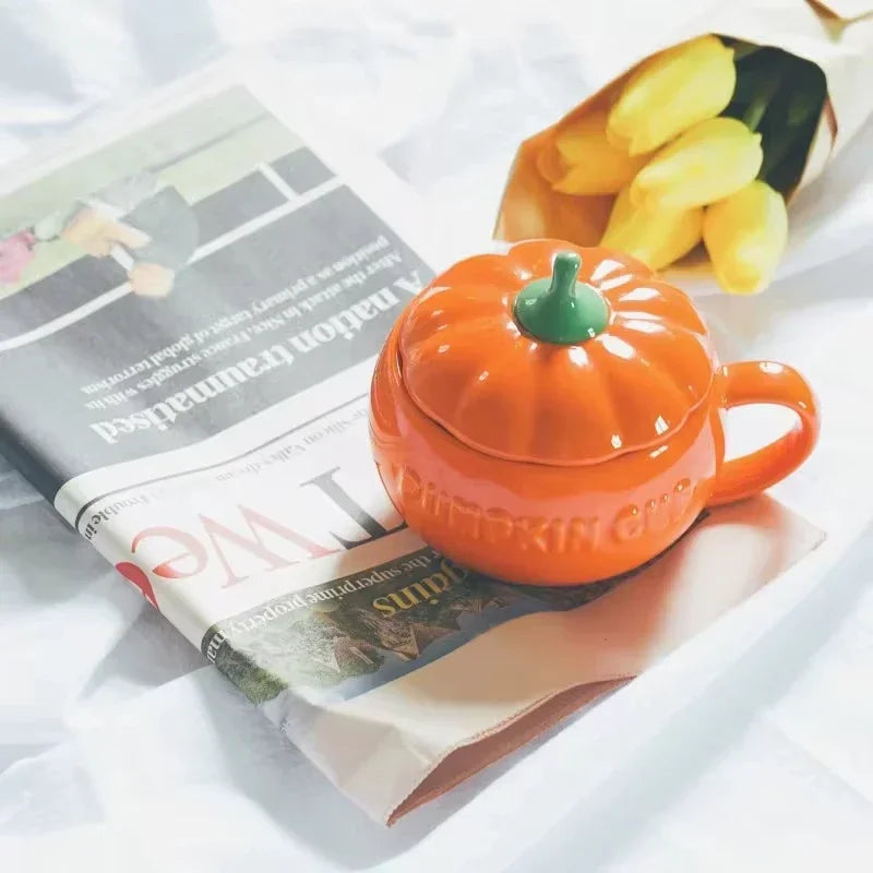Pumpkin Mug Ceramic with Lid with Spoon Coffee Cups Milk Tea Breakfast Creative Handle Design Gift Drinkware Kitchen Halloween