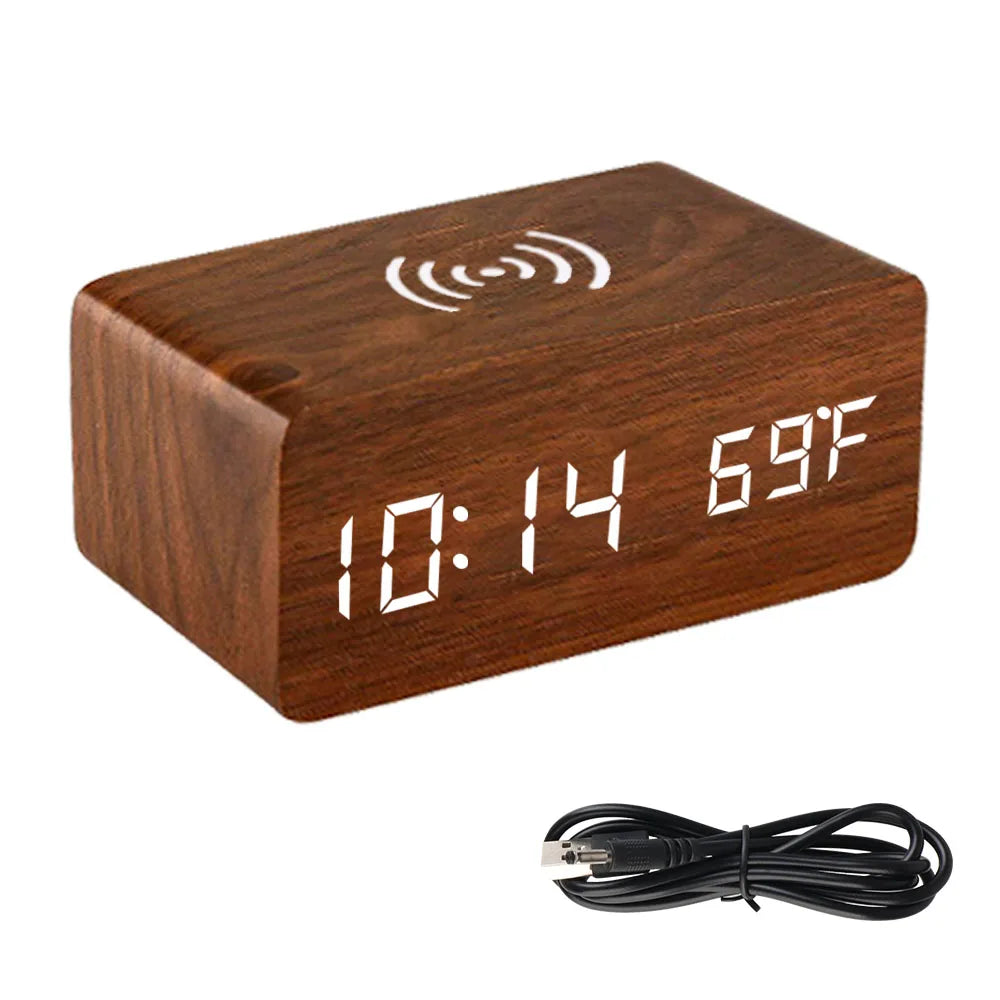 Wooden Desk Digital Clock Phone Chargers LED Display Temperature Wooden Digital Alarm Clock Wireless Charger Desk Table Clocks