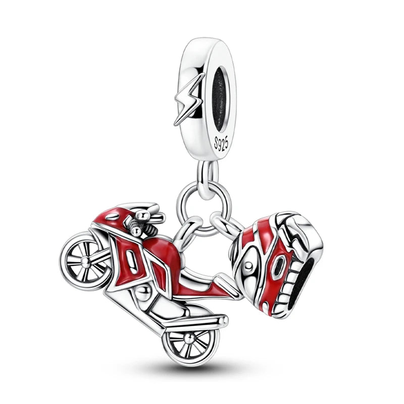 925 Sterling Silver Motorcycle Red Sports Car SUV Bus Car Keys Charm Pendants For Women Fit DIY Bracelets Party Birthday Jewelry