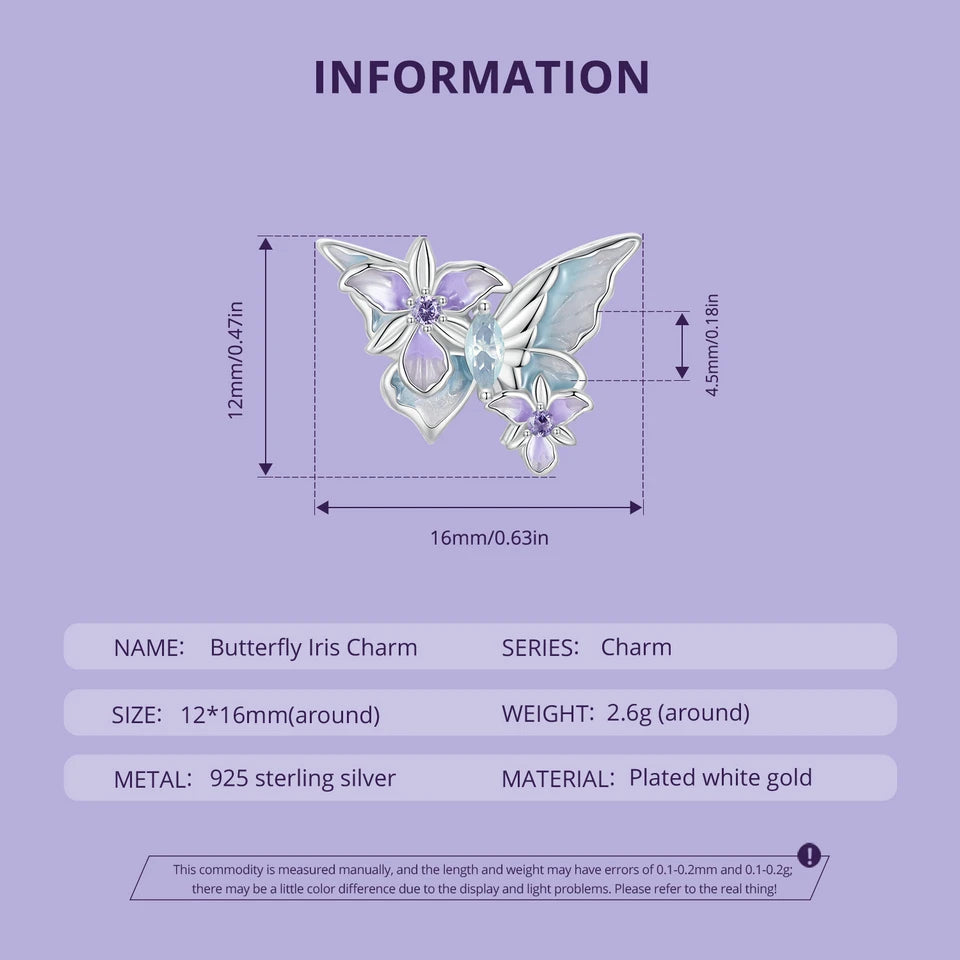 Bamoer 100% 925 Sterling Silver Romantic Crystal Butterfly Iris Charm For Women Fit Bracelet DIY Necklace Fine Jewelry Gift