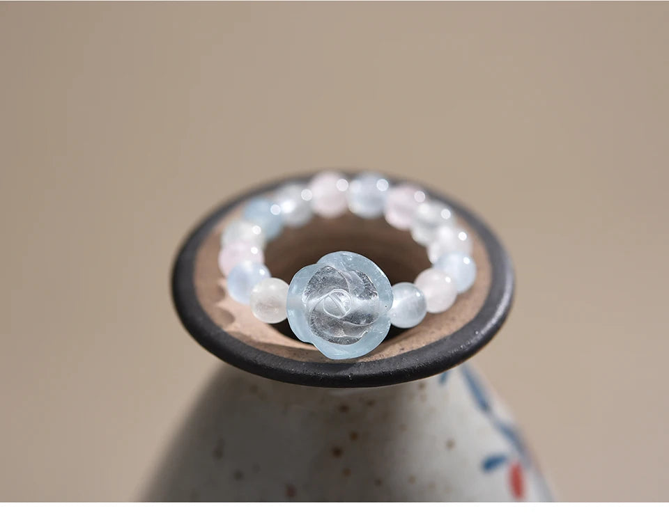 Lotus Fun Natural Stone Aquamarine Crystal Round Beads Rose Flower Extendable Rings for Women High Quality Wedding Fine Jewelry