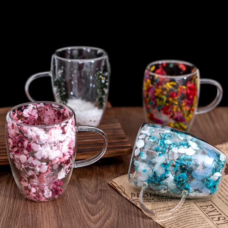 4 pieces of aesthetic dried flower double-layer glass coffee cups, cute tea cups with handles, heat-resistant and durable