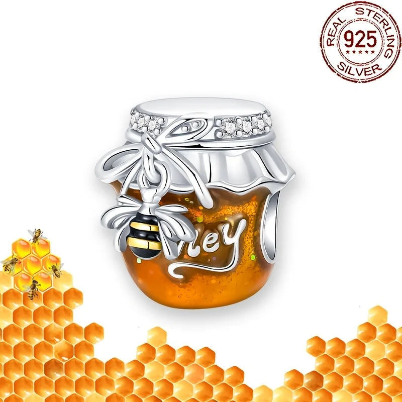 925 Sterling Silver Bee Honey jar Yellow series pandent Charm Fit Bracelet DIY Bead Ms Premium Jewelry Valentine's Birthday Gift