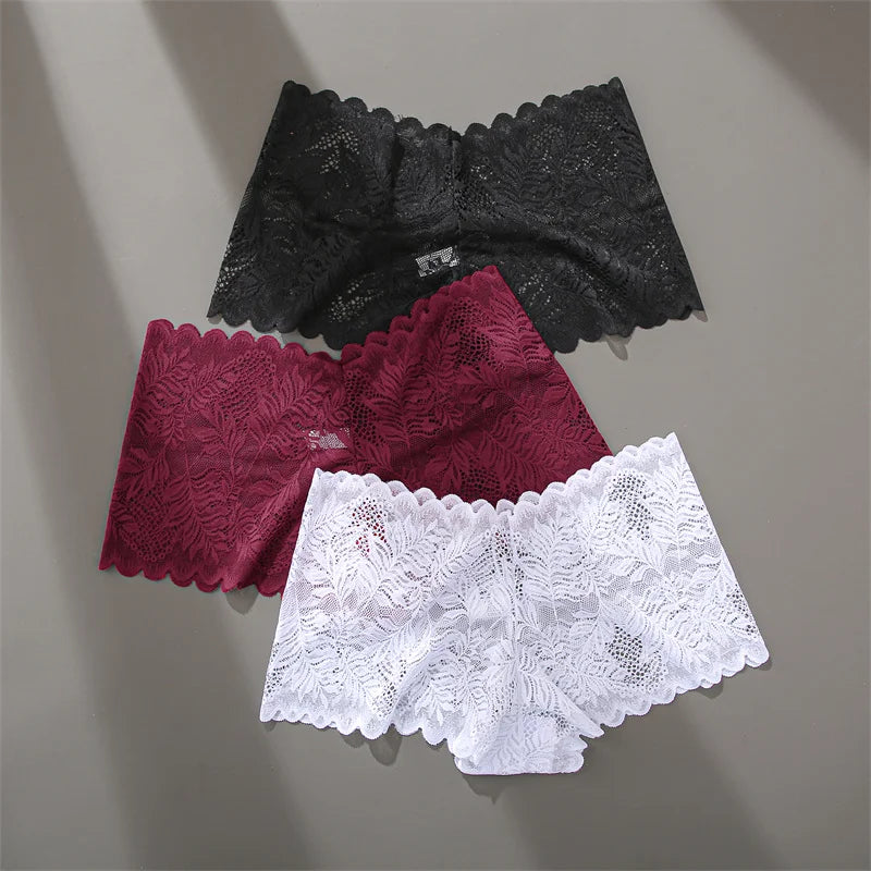 FINETOO 3Pcs/set Lace Boyshort Panties Women Low-Rise Floral Underwear S-XL Girls Sexy Panties Ladies Lace Underpants Lingerie
