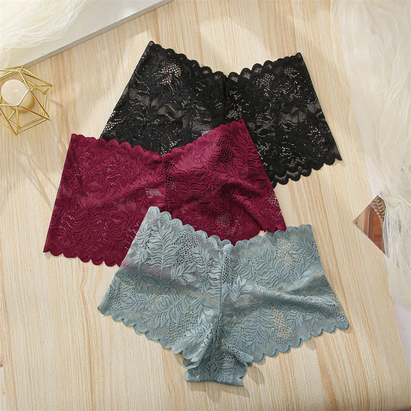 FINETOO 3Pcs/set Lace Boyshort Panties Women Low-Rise Floral Underwear S-XL Girls Sexy Panties Ladies Lace Underpants Lingerie
