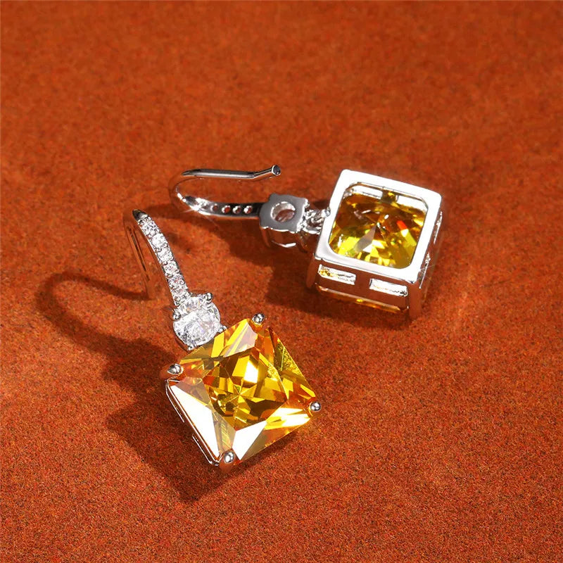 925 Sterling Silver Yellow Cubic Zirconia Dangle Earrings Women Wedding Ceremony Party Bridal Accessories Trend Jewelry