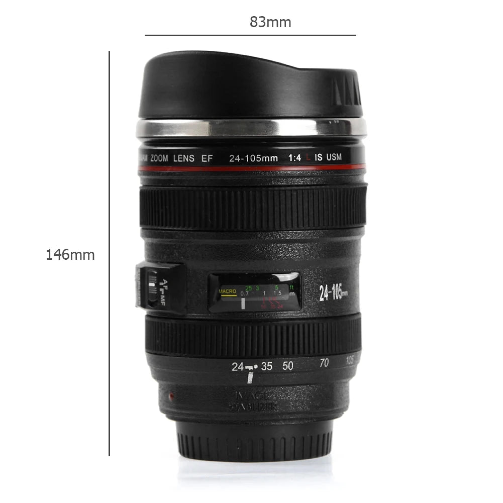 350mL Creative Telephoto Lens Shape Coffee Tea Mug with Lid Stainless Steel
