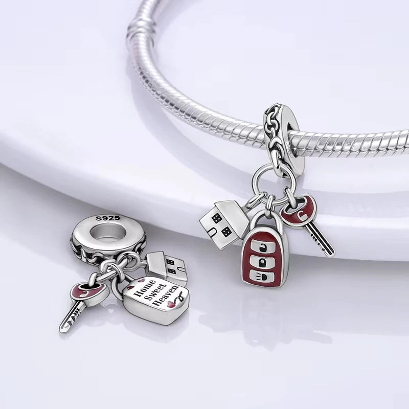 925 Sterling Silver Motorcycle Red Sports Car SUV Bus Car Keys Charm Pendants For Women Fit DIY Bracelets Party Birthday Jewelry