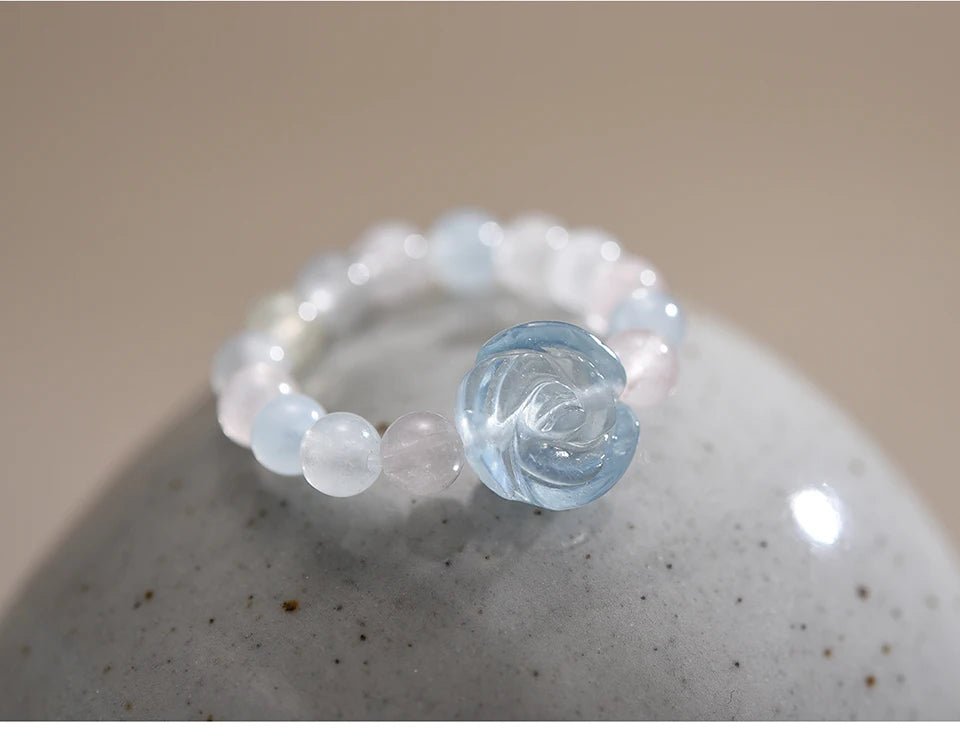 Lotus Fun Natural Stone Aquamarine Crystal Round Beads Rose Flower Extendable Rings for Women High Quality Wedding Fine Jewelry