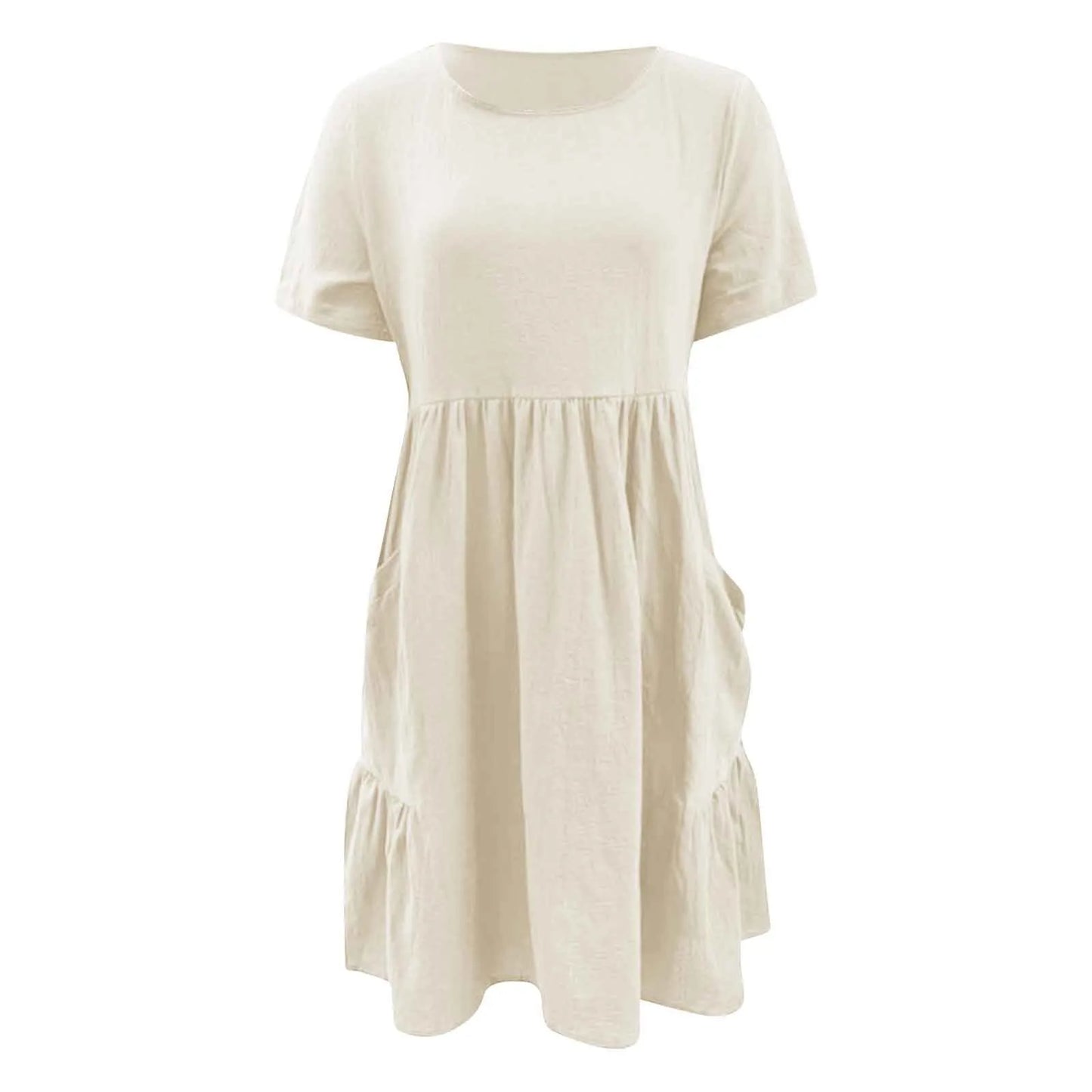 Evening Dresses Outfits Women Fashion Solid Vintage Cotton And Linen Loose Pocket Round Neck Short Sleeve