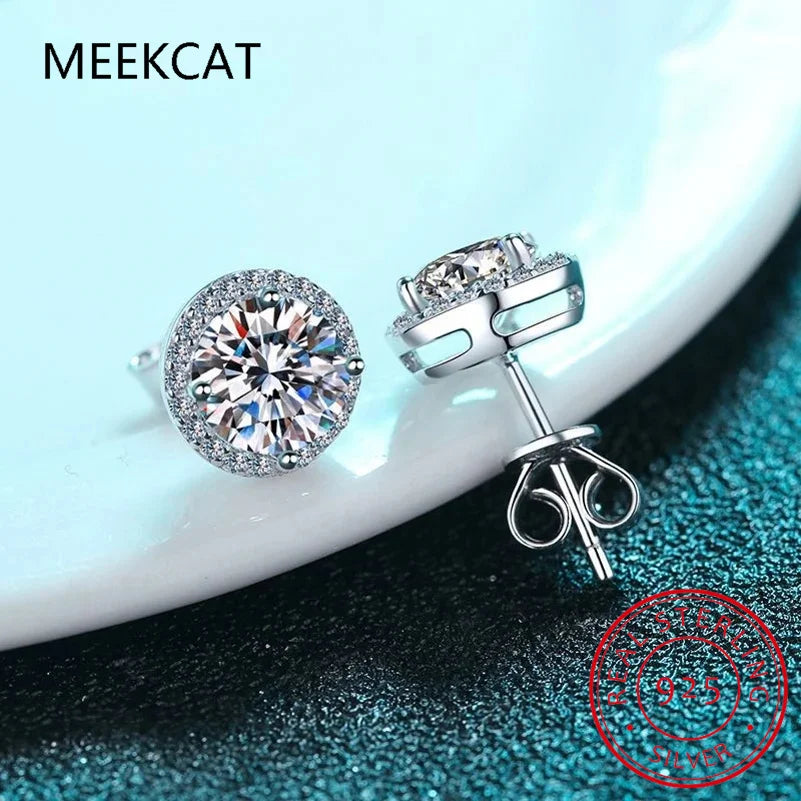Zircon Moissanite Diamond Stud Earrings for Women Real 925 Sterling Silver Round Halo Earrings Luxury Wedding Fine Jewelry