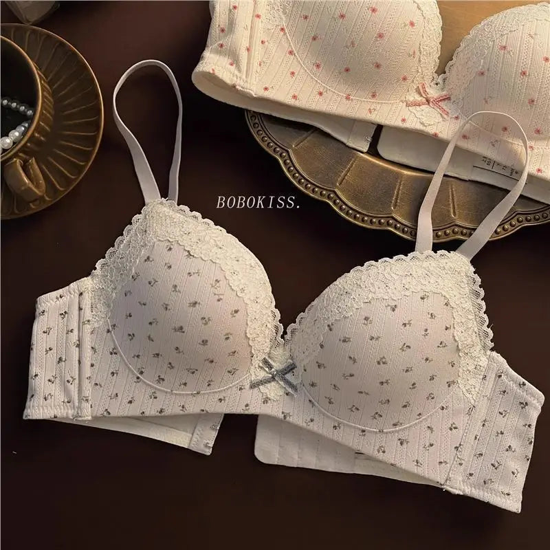Lace Edge Sexy Lingerie Women's Small Breasts Gather No Wire Anti-Sag Bra Set