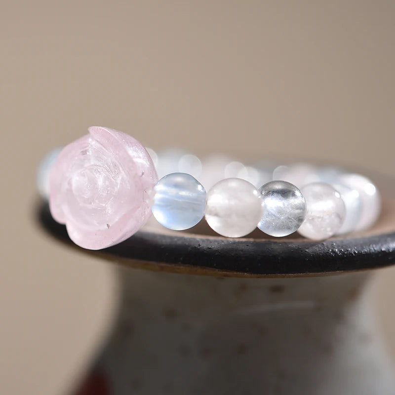 Lotus Fun Natural Stone Aquamarine Crystal Round Beads Rose Flower Extendable Rings for Women High Quality Wedding Fine Jewelry