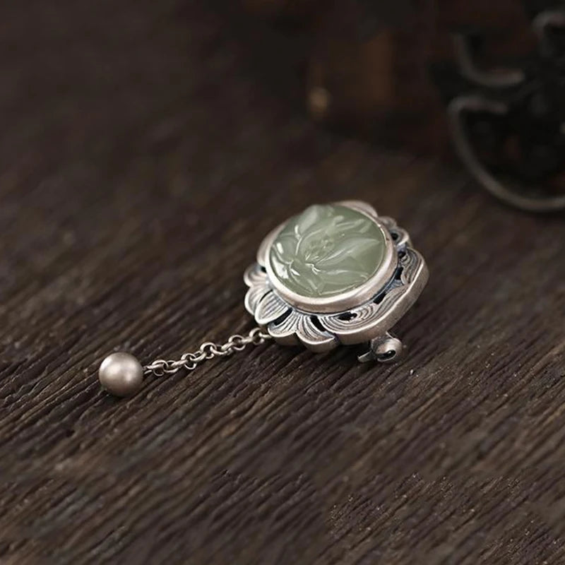 Original designer craftsmanship natural Hetian jasper pendant brooch Chinese style retro unique charm brand silver jewelry