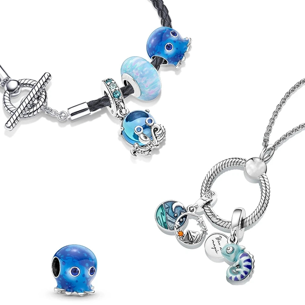 New 925 Silver Summer Ocean Series Starfish Turtle Octopus Cetacean Pendant Fit European Bracelets DIY Accessories Gifts