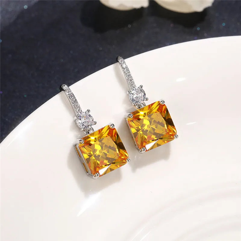 925 Sterling Silver Yellow Cubic Zirconia Dangle Earrings Women Wedding Ceremony Party Bridal Accessories Trend Jewelry