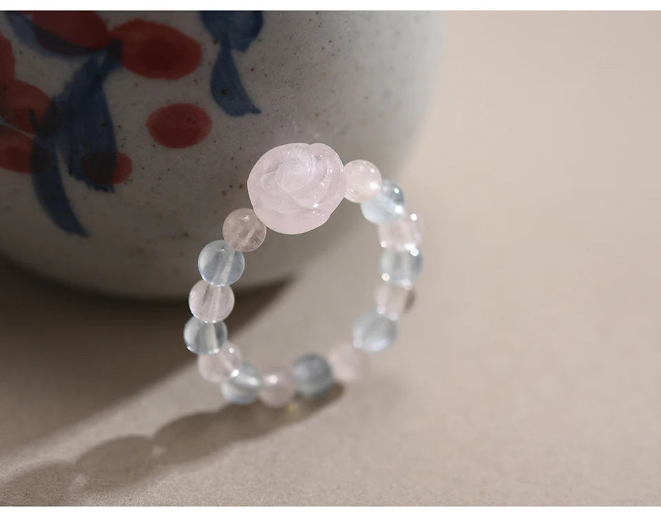 Lotus Fun Natural Stone Aquamarine Crystal Round Beads Rose Flower Extendable Rings for Women High Quality Wedding Fine Jewelry