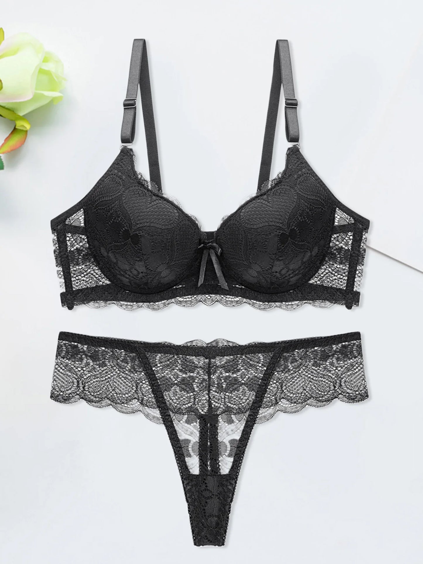 Women s Floral Lace Lingerie Set Sheer Mesh Seductive Babydoll Push up Bra and Panty 2 Pcs Set with Garter Belt