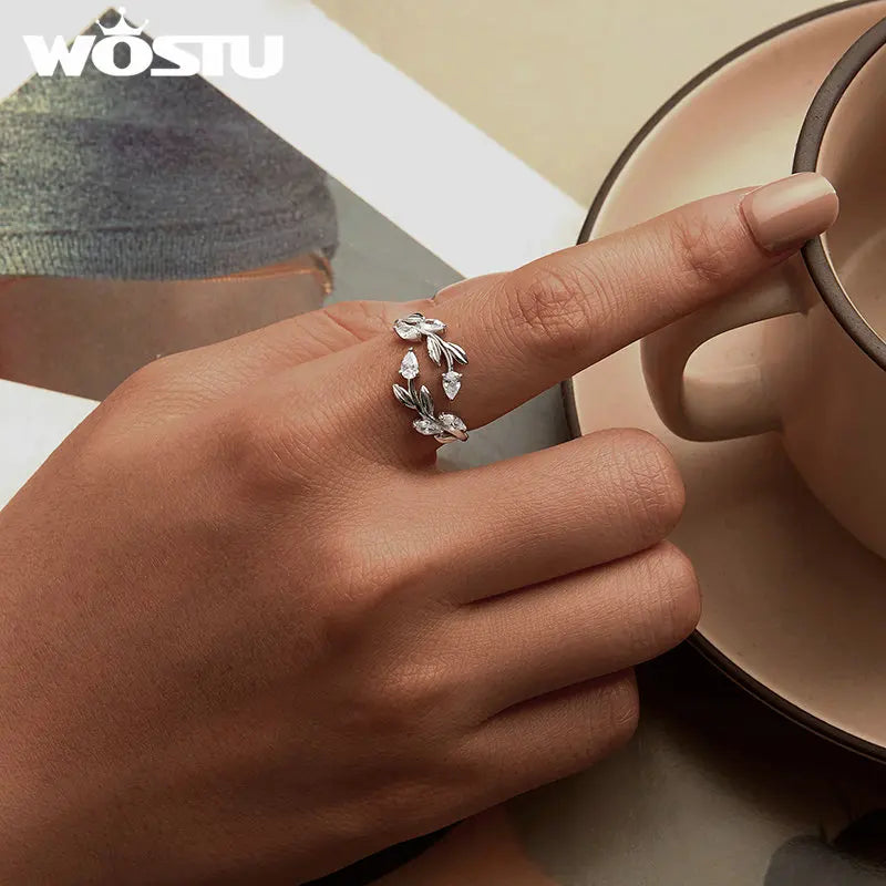 WOSTU 925 Sterling Silver Leaves Open Ring With Zircon For Women's Dating Daily Parties Fine Jewelry Gifts Dainty Trendy Jewelry