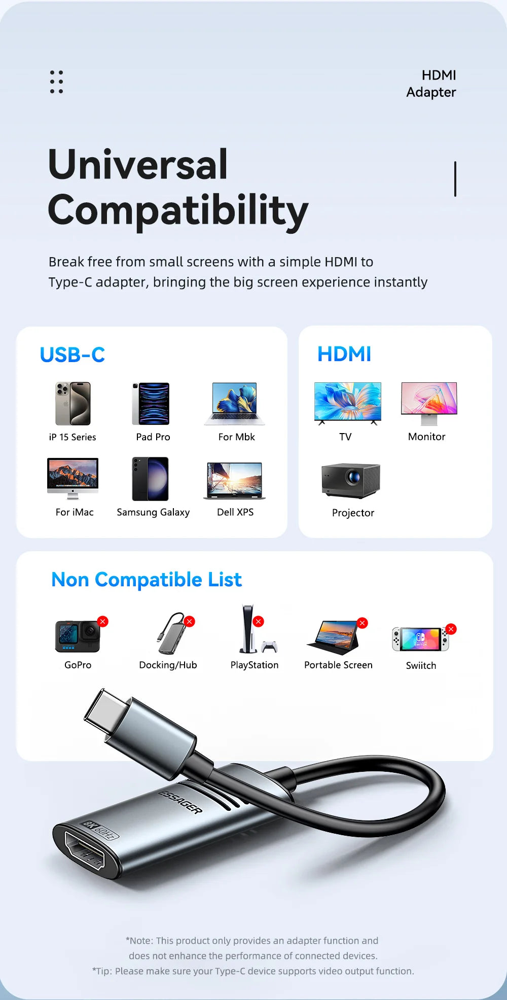 Essager HDMI-Compatible to USB C Adapter 8K@60Hz 4K@120Hz/144Hz for iPhone  15 MacBook Pro iPad High-Speed HD TV Cable Converter