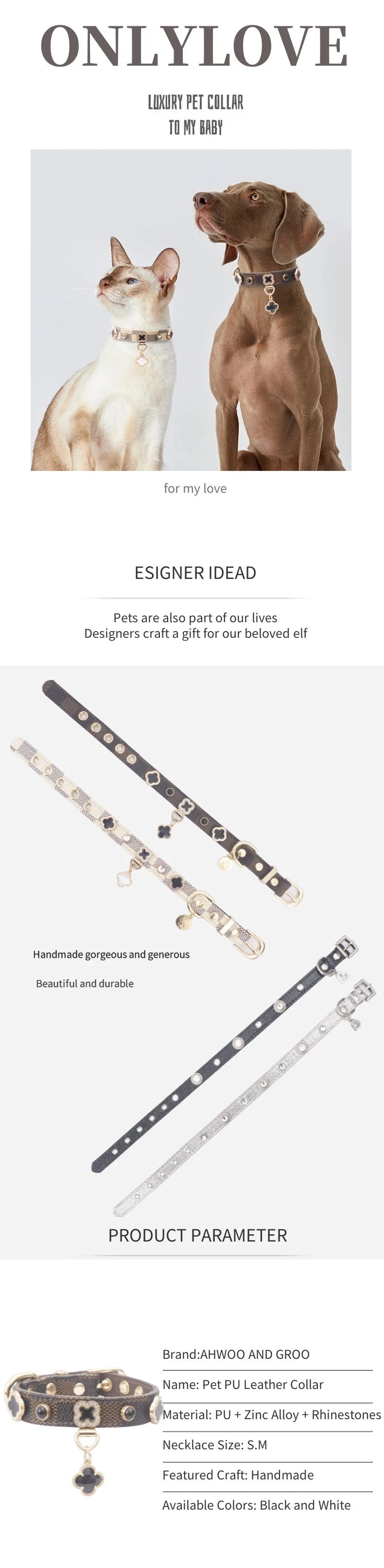 Luxury Cat Collar Lucky Clover Pet Necklace PU Leather Adjustable Cat Dog Collar Small Medium Dog Pet Accessories Perro Supplies