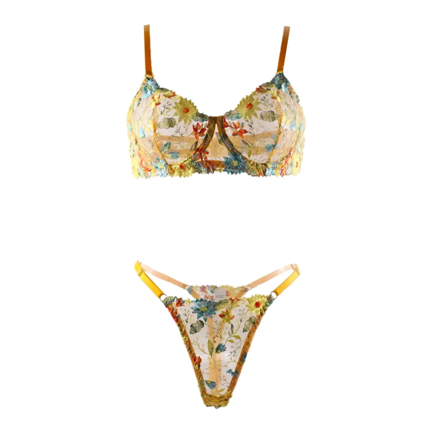 Women's Perspective Fun Underwear Sexy Embroidery Yellow Flower Bra With Steel Ring See Through Sexy Lingerie For Fine Women