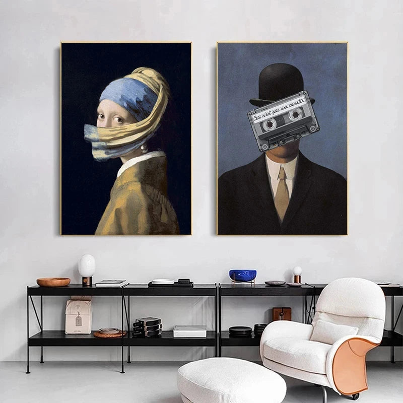 Tape Collage Canvas Painting Shy Girl Poster and Print The Classy Kiss Wall Art Picture for Living Room Home Wall Decoration