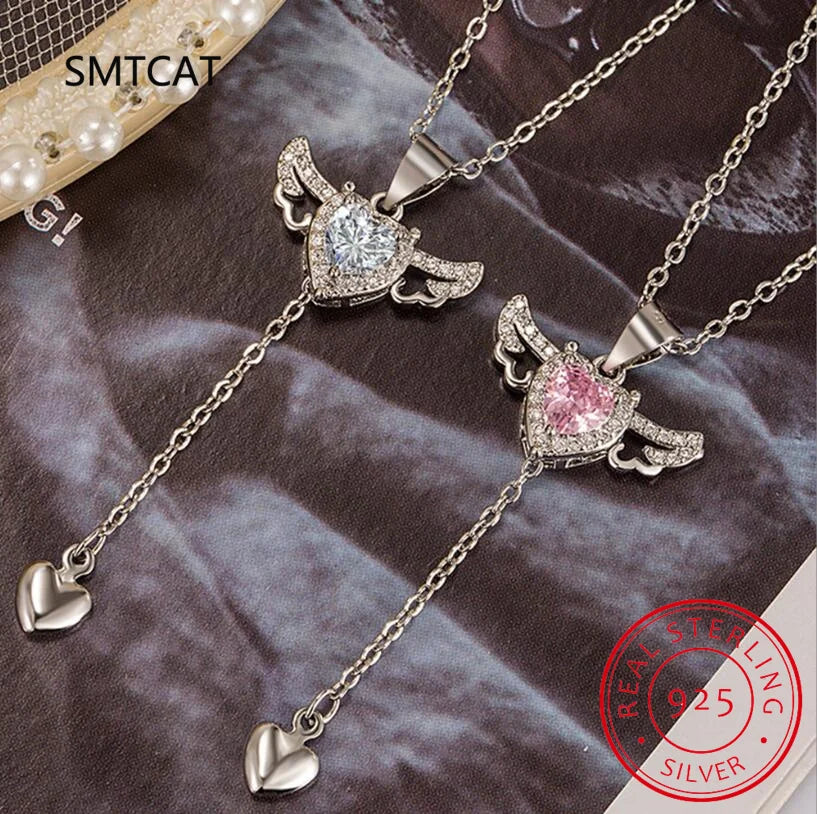 Genuine 925 Sterling Silver Love Tassels Necklace Fine Jewelry Double Angel Wings Heart Zirconia Pendant Necklace Holiday Sale