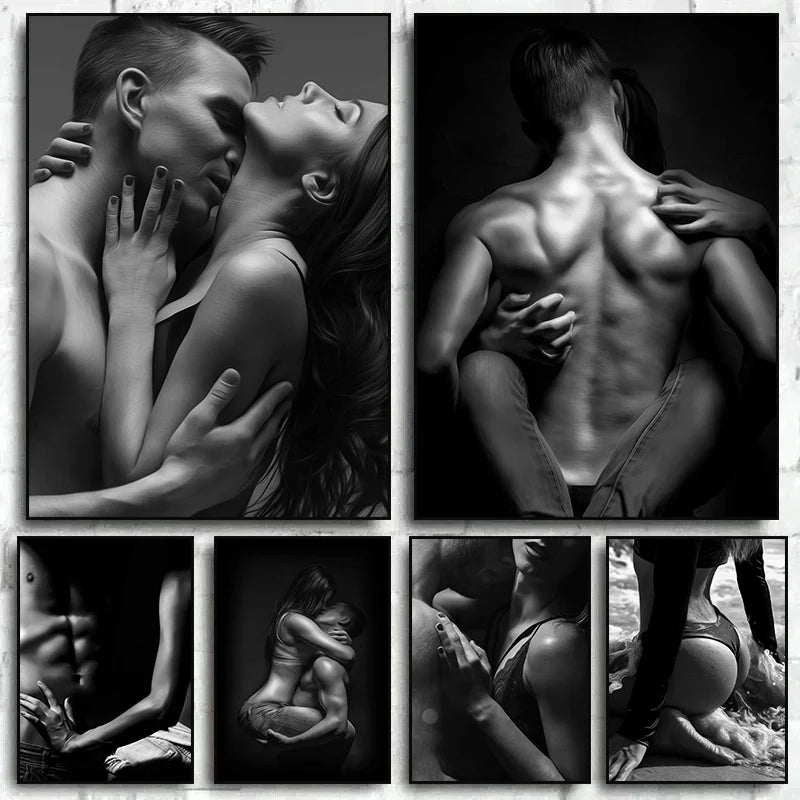 Black and White Romantic Lovers Couple Fall in Love Posters Canvas Paintings Portrait Wall Art Mural Home Bedroom Bathroom Decor
