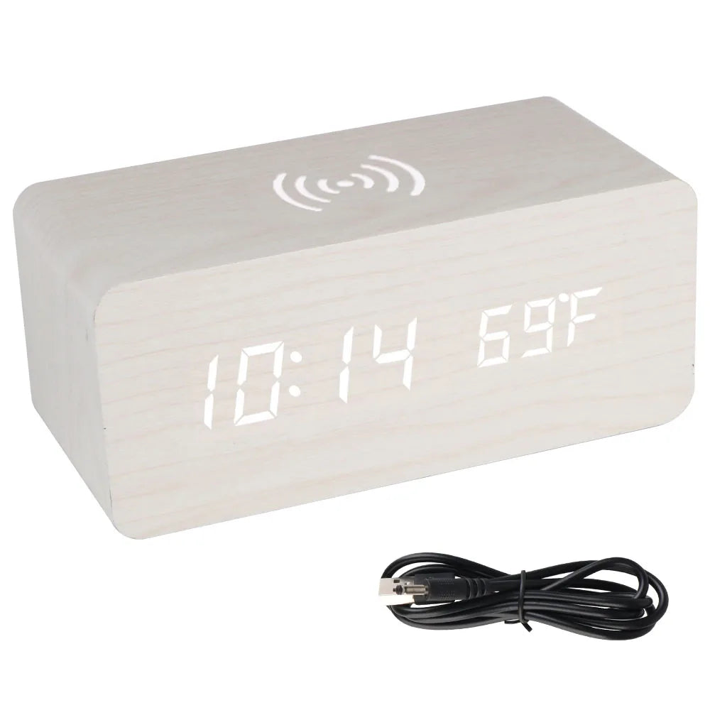 Wooden Desk Digital Clock Phone Chargers LED Display Temperature Wooden Digital Alarm Clock Wireless Charger Desk Table Clocks