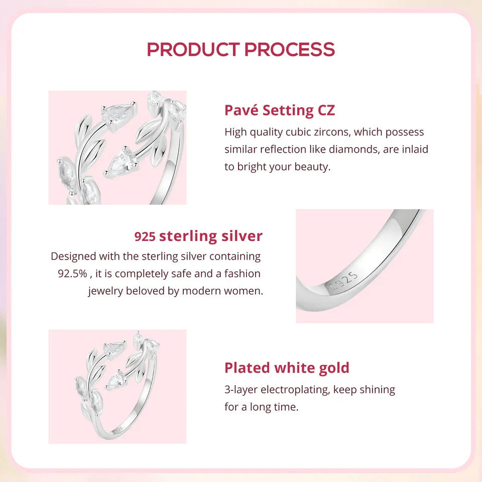 WOSTU 925 Sterling Silver Leaves Open Ring With Zircon For Women's Dating Daily Parties Fine Jewelry Gifts Dainty Trendy Jewelry