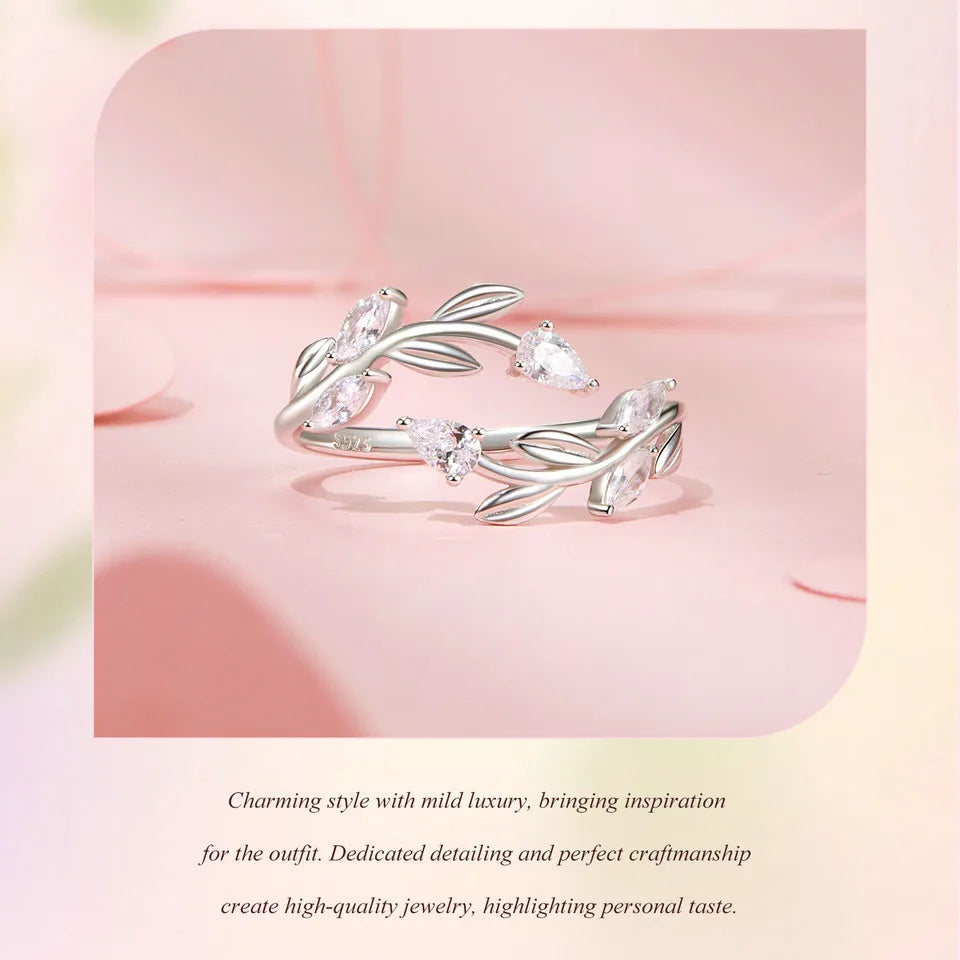 WOSTU 925 Sterling Silver Leaves Open Ring With Zircon For Women's Dating Daily Parties Fine Jewelry Gifts Dainty Trendy Jewelry