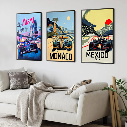 Canvas Painting Monaco Neon City Watercolor Car Wall Art Poster Formula One Miami Posters Aesthetic Motorsport Room Decor