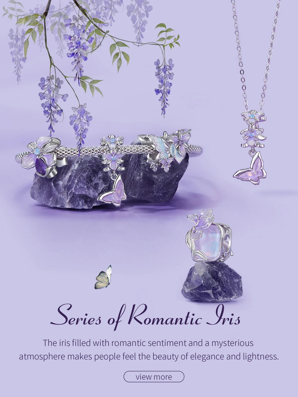 Bamoer 100% 925 Sterling Silver Romantic Crystal Butterfly Iris Charm For Women Fit Bracelet DIY Necklace Fine Jewelry Gift