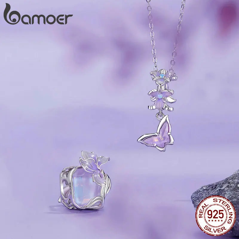 Bamoer 100% 925 Sterling Silver Romantic Crystal Butterfly Iris Charm For Women Fit Bracelet DIY Necklace Fine Jewelry Gift