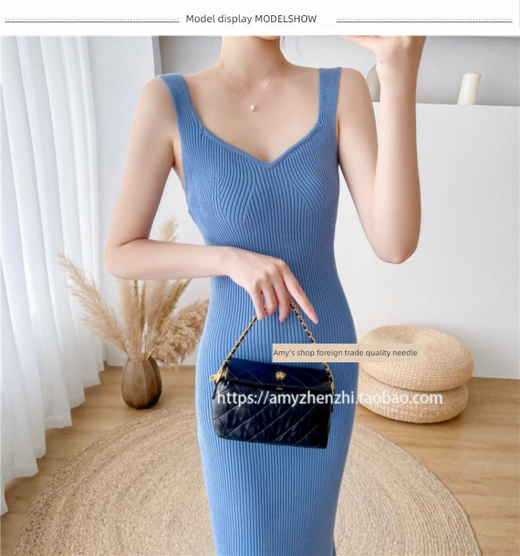 Autumn and Winter V-neck Slim-Fit Sleeveless Sling Fishtail Dress Sweater