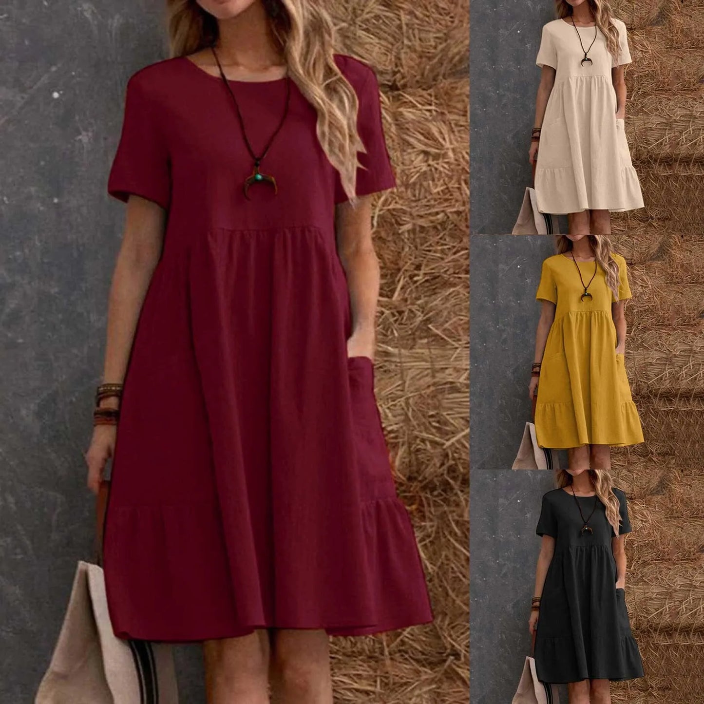 Evening Dresses Outfits Women Fashion Solid Vintage Cotton And Linen Loose Pocket Round Neck Short Sleeve