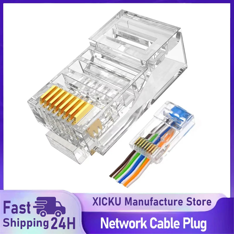50PCs 100PCs Cat6 Connector RJ45 Connector Network Unshielded RJ45 Perforated Crystal Head Network Cable