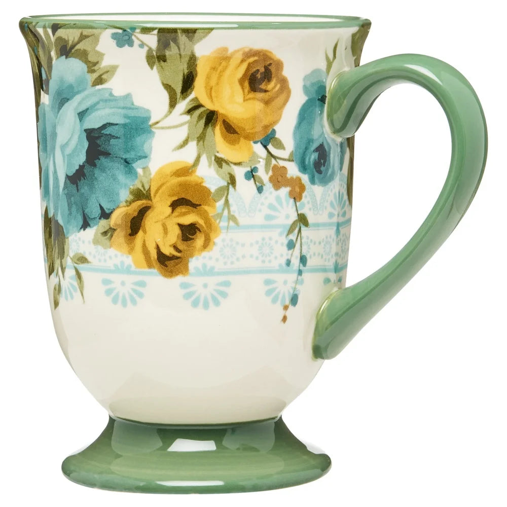 Floral Stoneware Latte Mug Set 18oz Four Pieces Microwave Safe Elegant Design Perfect Coffee Tea Home Entertaining