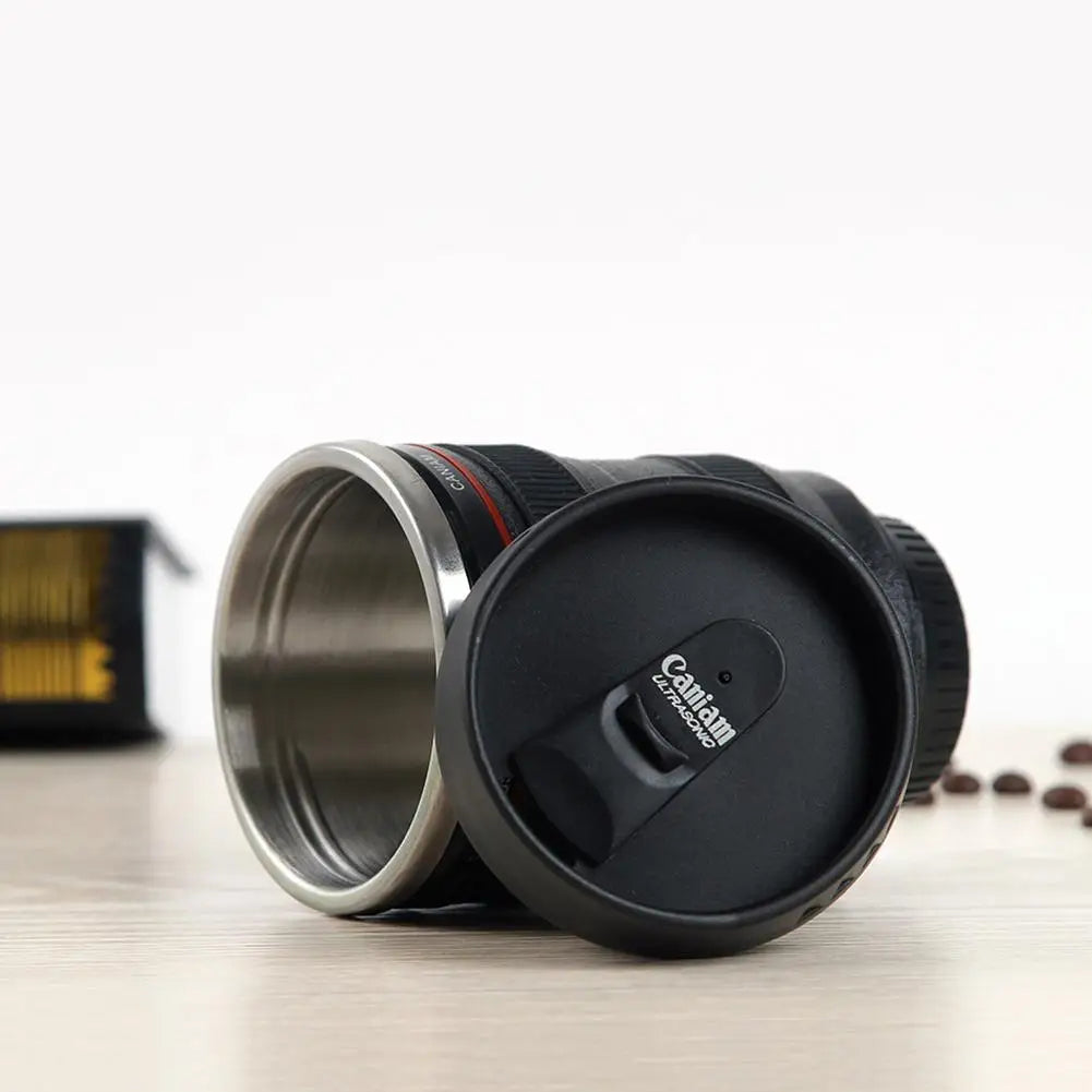 350mL Creative Telephoto Lens Shape Coffee Tea Mug with Lid Stainless Steel