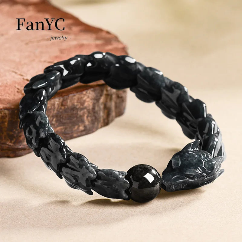 High-end Natural Burmese Jadeite Dragon Bone Bracelet with Exquisite Carving Fashionable Jewellery Gift for Men and Women