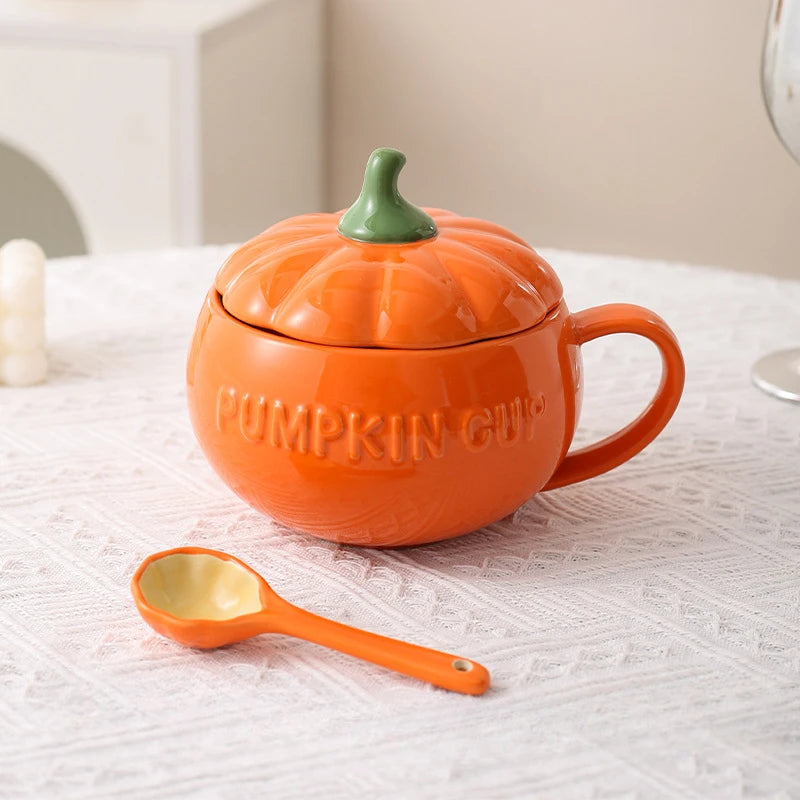 Pumpkin Mug Ceramic with Lid with Spoon Coffee Cups Milk Tea Breakfast Creative Handle Design Gift Drinkware Kitchen Halloween