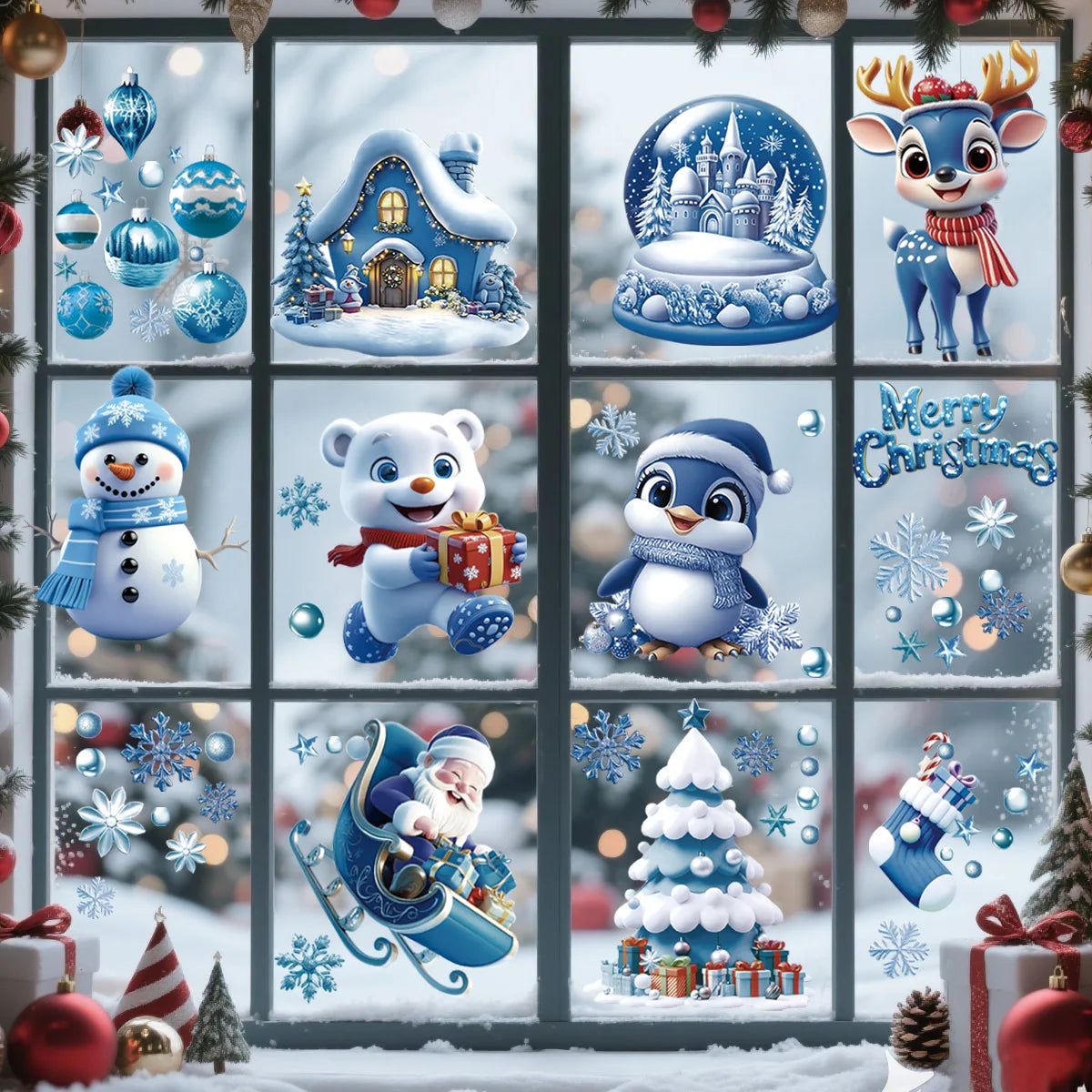 Christmas Window Stickers Blue Theme - Static Cling Snowman Snowflake Decals for Glass Doors, Shop Displays & Home Decor