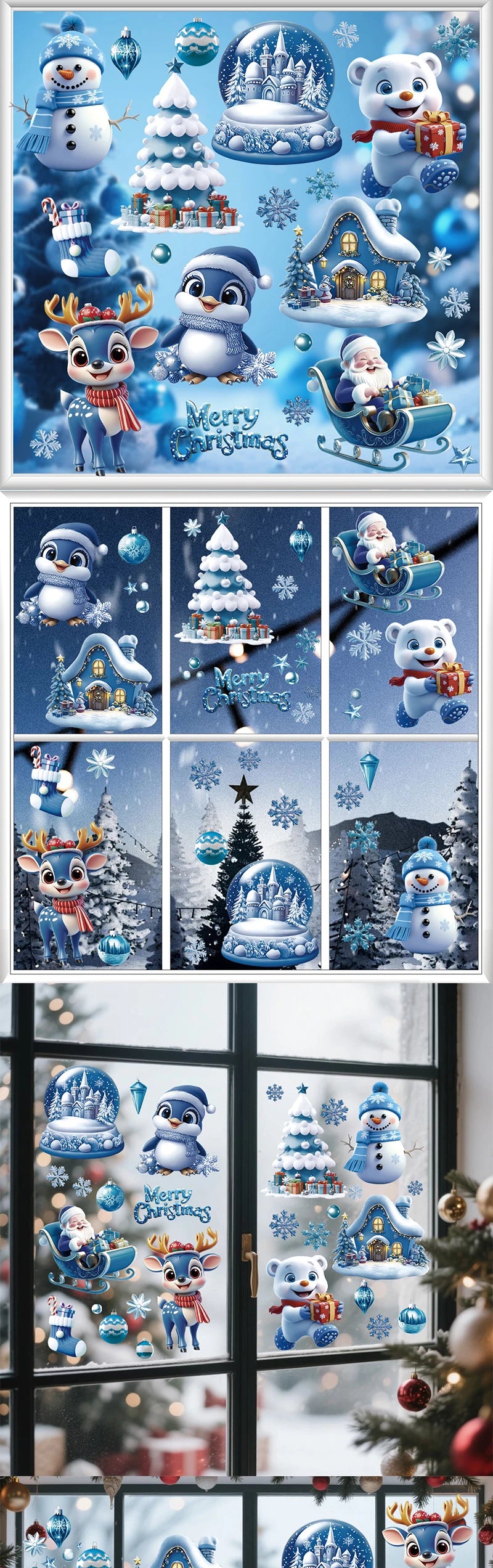 Christmas Window Stickers Blue Theme - Static Cling Snowman Snowflake Decals for Glass Doors, Shop Displays & Home Decor
