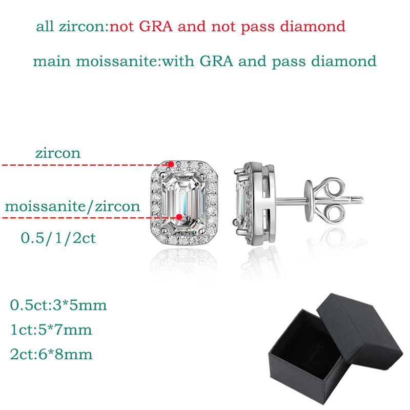 Smyoue Each 0.5CT 1CT 2CT Moissanite Stud Earrings for Women Emerald/radiant Cut Bridal Classic Jewelry 925 Pure Silver Earring