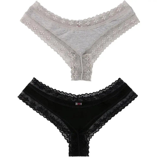 JUNTAME 2pc Solid Comfy Lace Cheeky Panties, Sexy Breathable Stretchy Intimates Panties